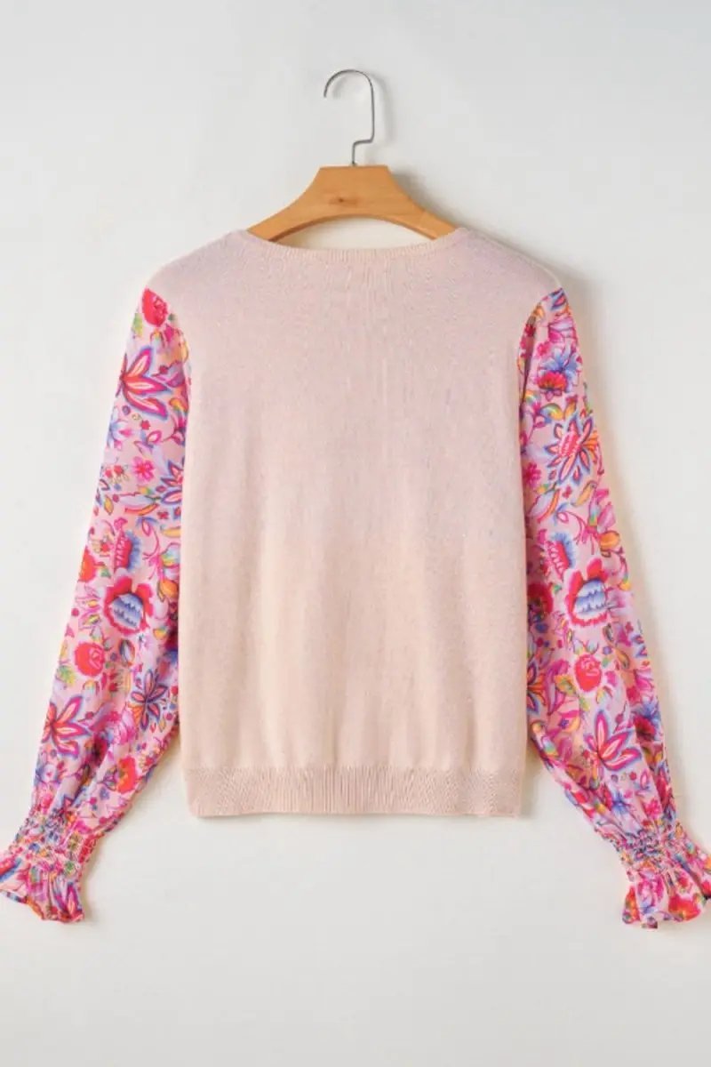 Printed Round Neck Flounce Sleeve Sweater - Love Salve